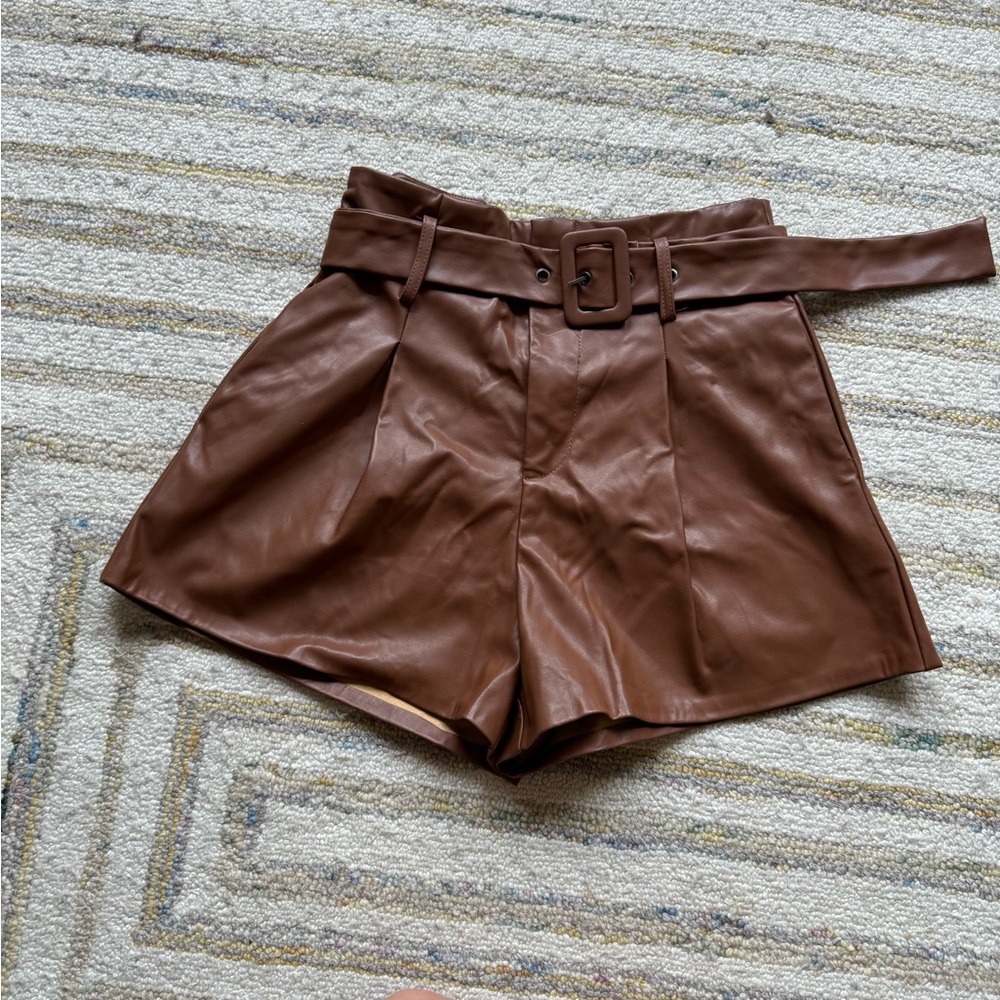 Do+Be High Waisted Belted Pleated Brown Leather Shorts